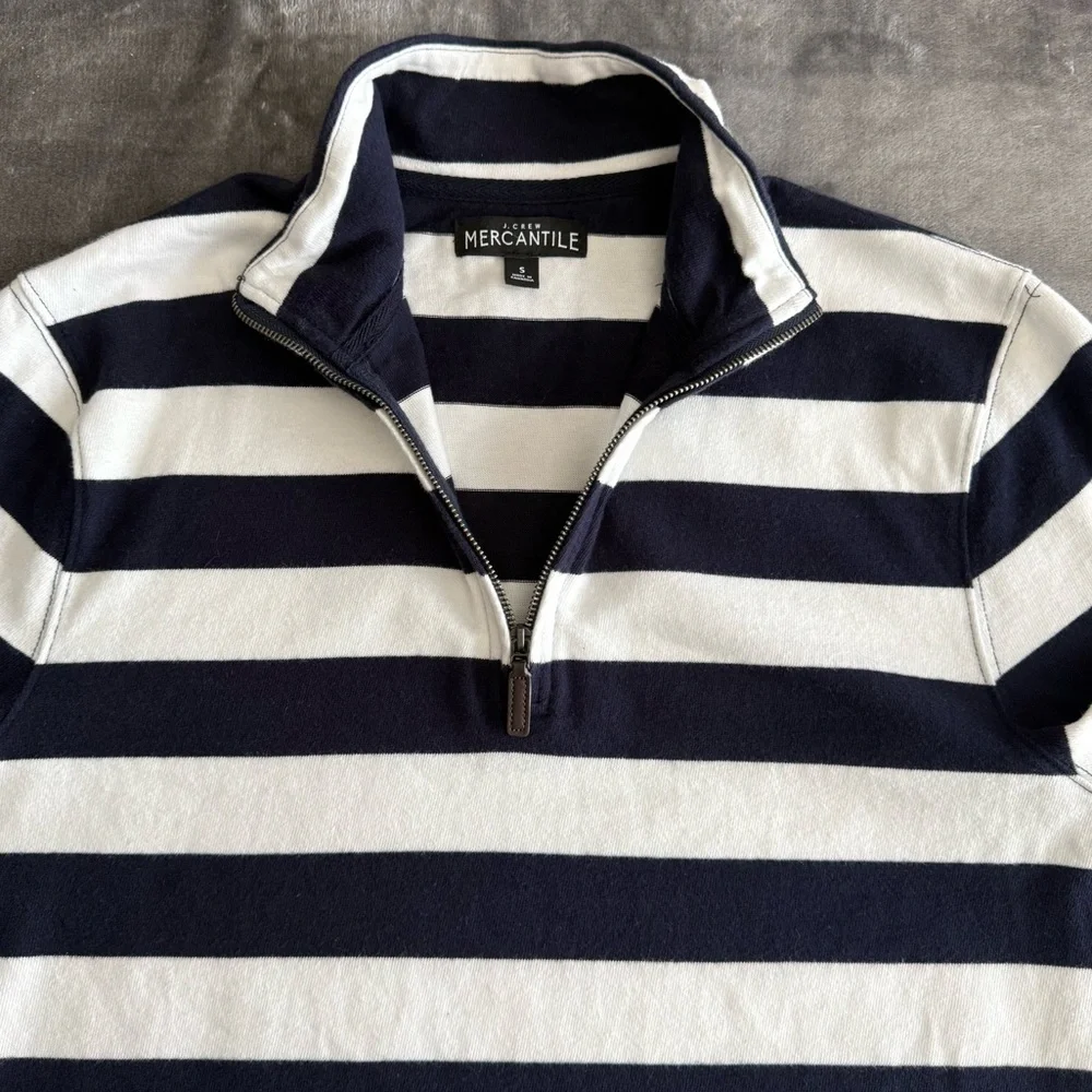 J. CREW 1/4 Zip Pullover Mock Sweater Mens Small Navy White Rugby Stripes Cotton